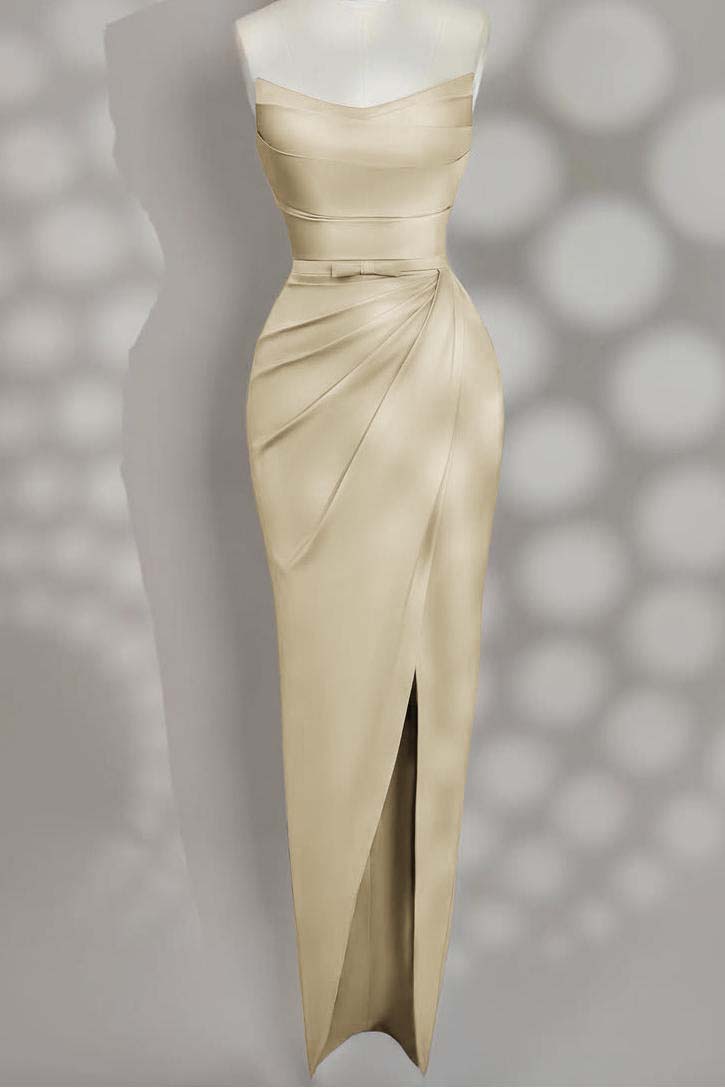 Strapless Sleeveless Long Split Prom Dress With Pleated Bowknot BMBRIDE