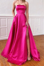 Fuchsia Strapless Prom Dress with Pockets Side Split BM bride