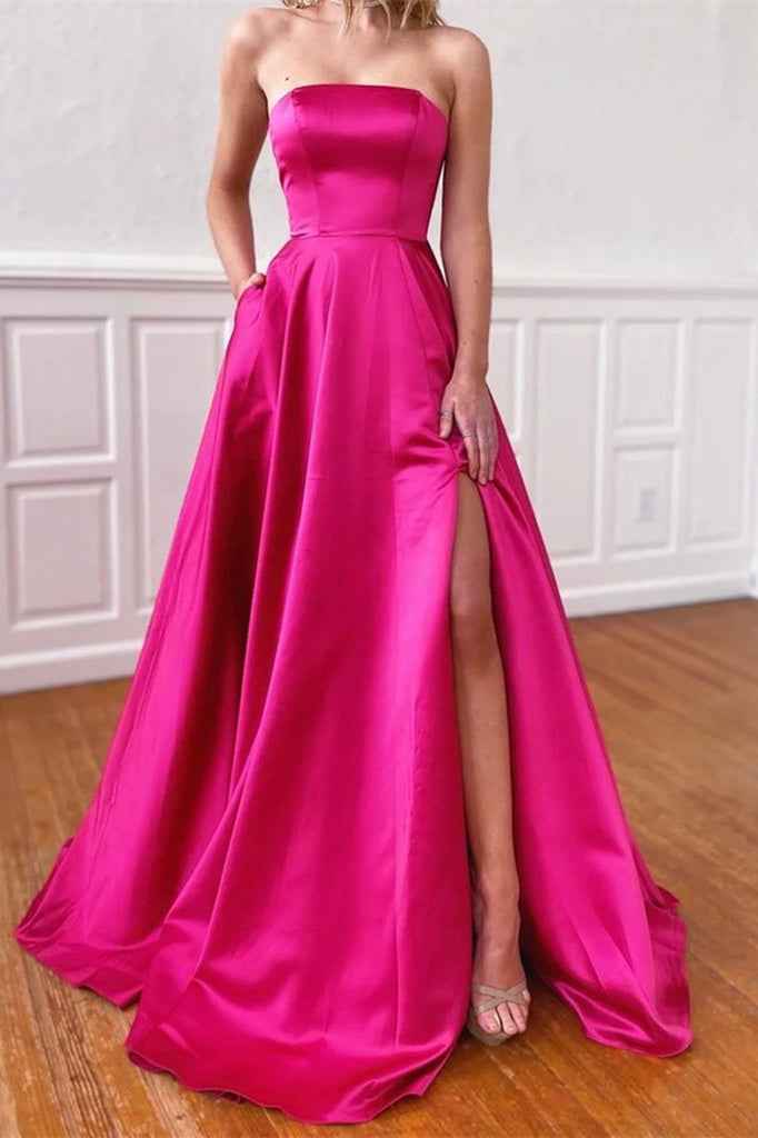 Fuchsia Strapless Sleeveless A Line Long Prom Dress With Pockets Side Split