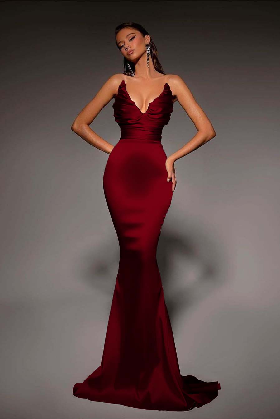 Strapless V Neck Sleeveless Long Mermaid Prom Dress With Pleated BMBRIDE