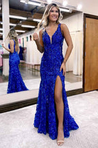 Royal Blue Strap Backless Sleeveless Beadings Long Prom Dress With Split