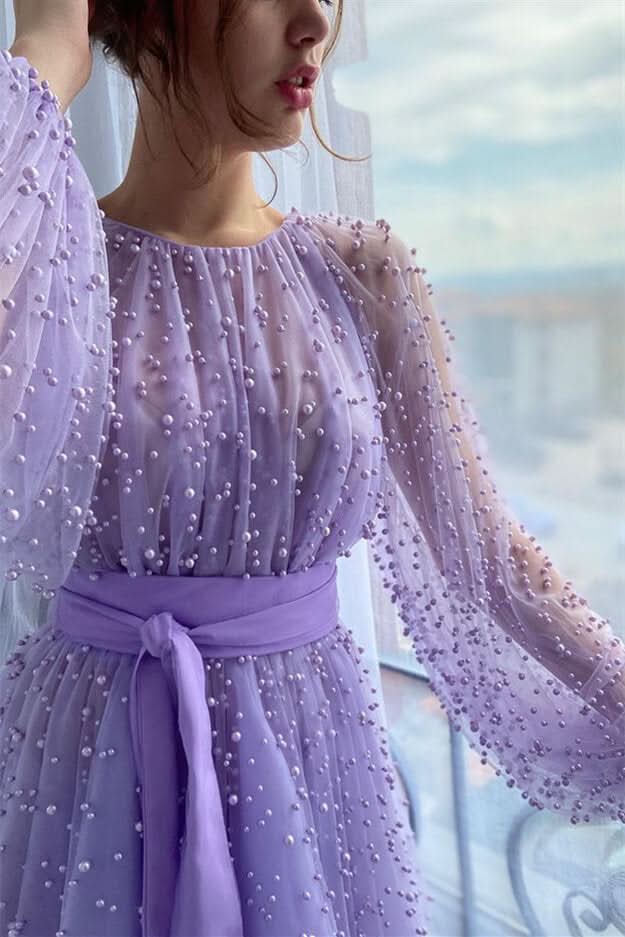 Lilac Pearls Mermaid Evening Dress with Beadings, Jewel, and Belt Online BM bride