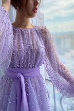 Lilac Pearls Mermaid Evening Dress with Beadings, Jewel, and Belt Online BM bride