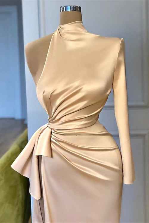 High Neck Champagne Mermaid Pleated Prom Dress Long Sleeves With Side Split