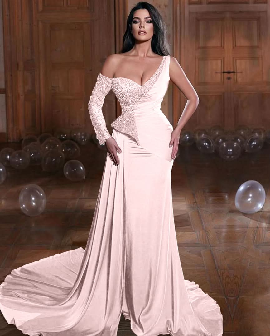 Dark Green One Shoulder Long Sleeves Mermaid Evening Dress with Ruffles BM bride