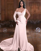 Dark Green One Shoulder Long Sleeves Mermaid Evening Dress with Ruffles BM bride