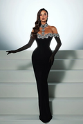 Halter Off the Shoulder Long Sleeves Long Mermaid Prom Dress With Beading
