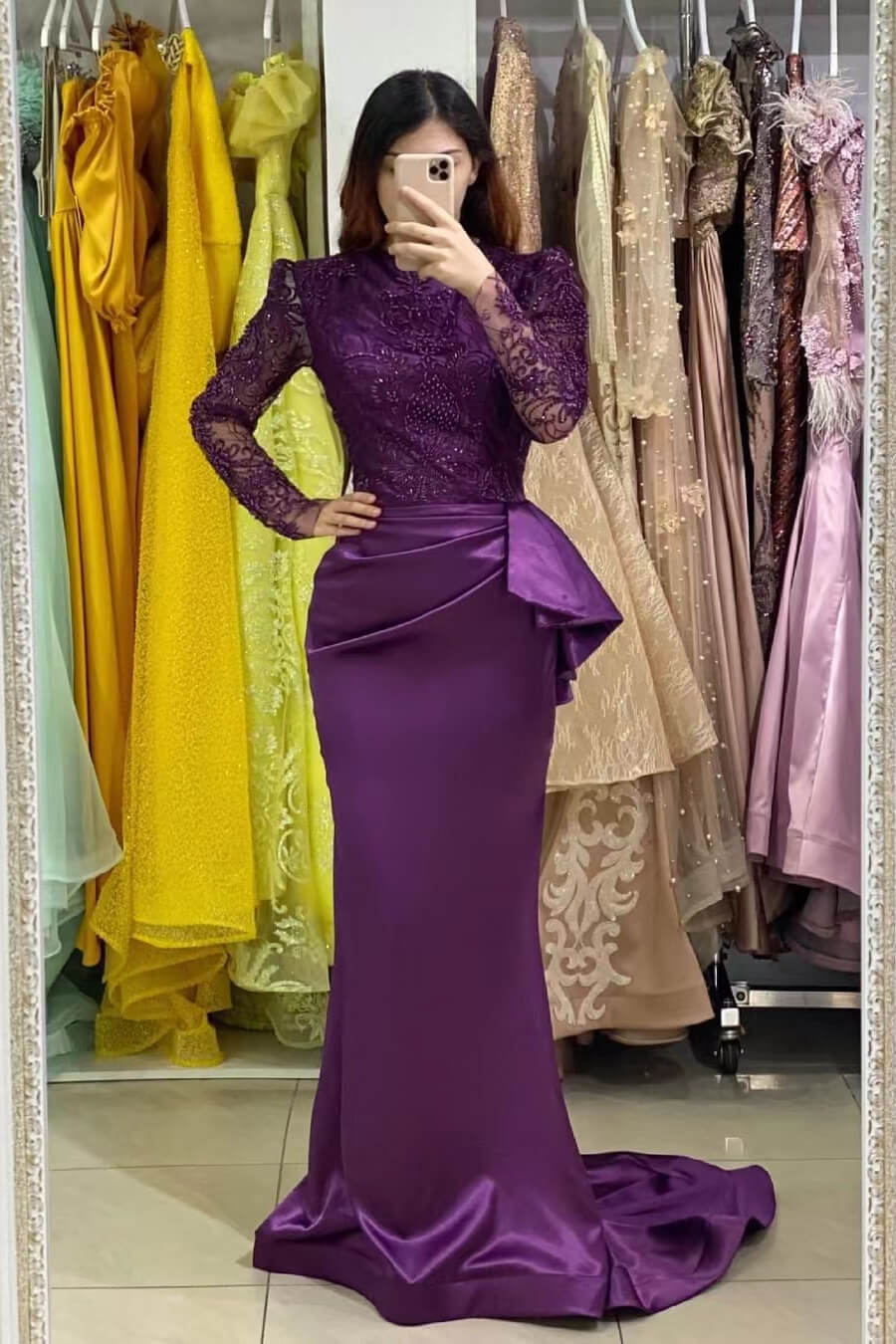 Long Sleeve Mermaid Prom Dress with Lace Appliqueds BM bride