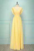 Chiffon V Neck Sleeveless Long Prom Dress With Pleated Ruffle