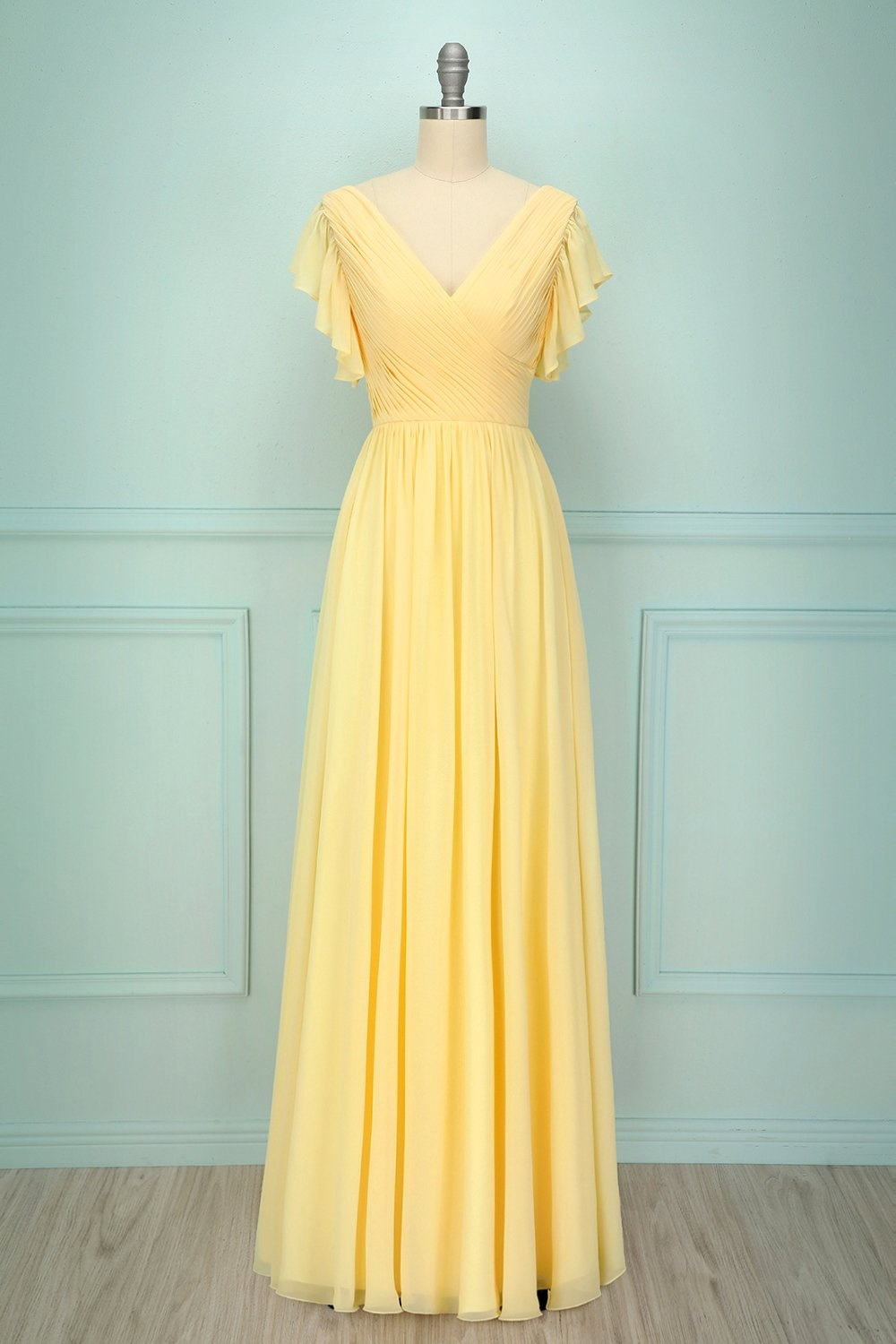 Chiffon V Neck Sleeveless Long Prom Dress With Pleated Ruffle
