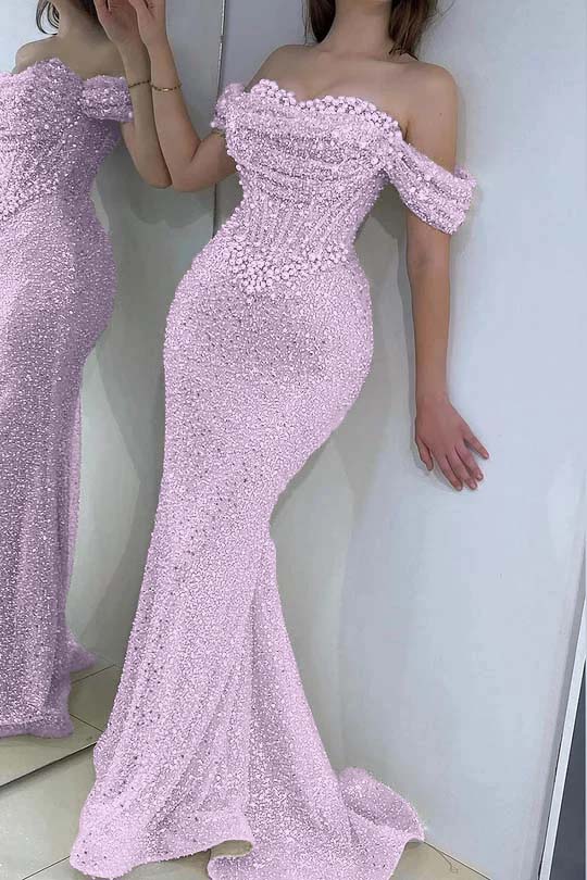 Off the Shoulder Strapless Sleeveless Long Prom Dress With Sequins BMBRIDE