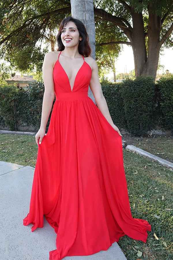 Red Halter Modern V Neck Sleeveless Backless Long Prom Dress