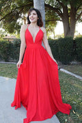 Red Halter Modern V Neck Sleeveless Backless Long Prom Dress