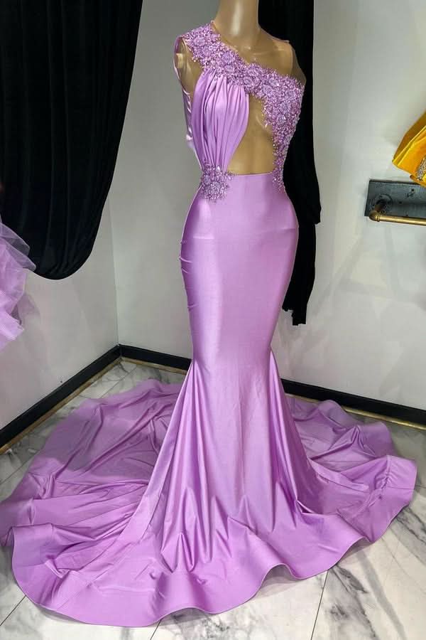 Elegant Purple Sleeveless One-Shoulder Mermaid Prom Dress BM bride