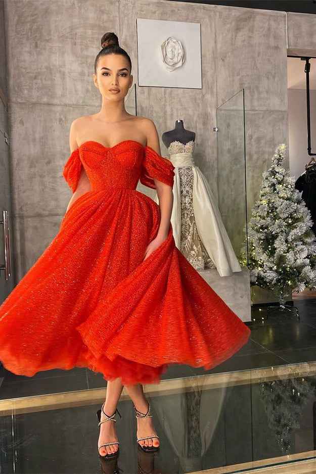 Off the Shoulder Strapless Sweetheart Red A Line Prom Dress With Sequins
