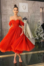 Off the Shoulder Strapless Sweetheart Red A Line Prom Dress With Sequins