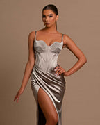 Fashionable Sliver Spaghetti Strap Mermaid Pleated Prom Dress With Split
