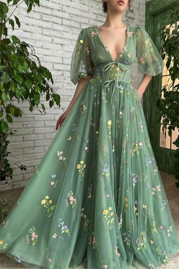 Gorgeous Deep V-Neck Evening Dress Half Sleeves with Embroidery Flowers and Tulle BM bride