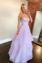 Attractive Lilac Spaghetti Strap Deep V Neck Sleeveless Long Prom Dress With Sequins