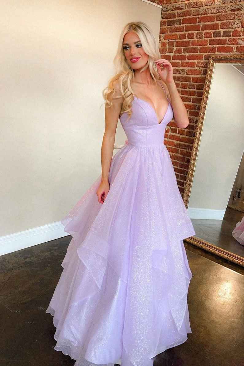 Attractive Lilac Spaghetti Strap Deep V Neck Sleeveless Long Prom Dress With Sequins