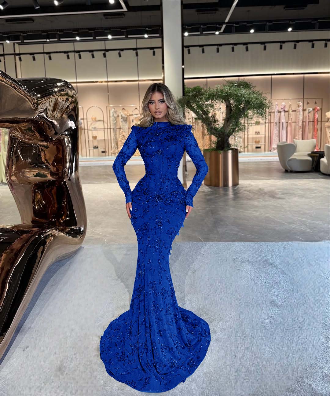 High Neck Long Sleeves Long Mermaid Prom Dress With Beading Pleated BMBRIDE