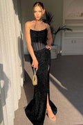 Strapless Sleeveless Mermaid Long Split Prom Dress With Sequins
