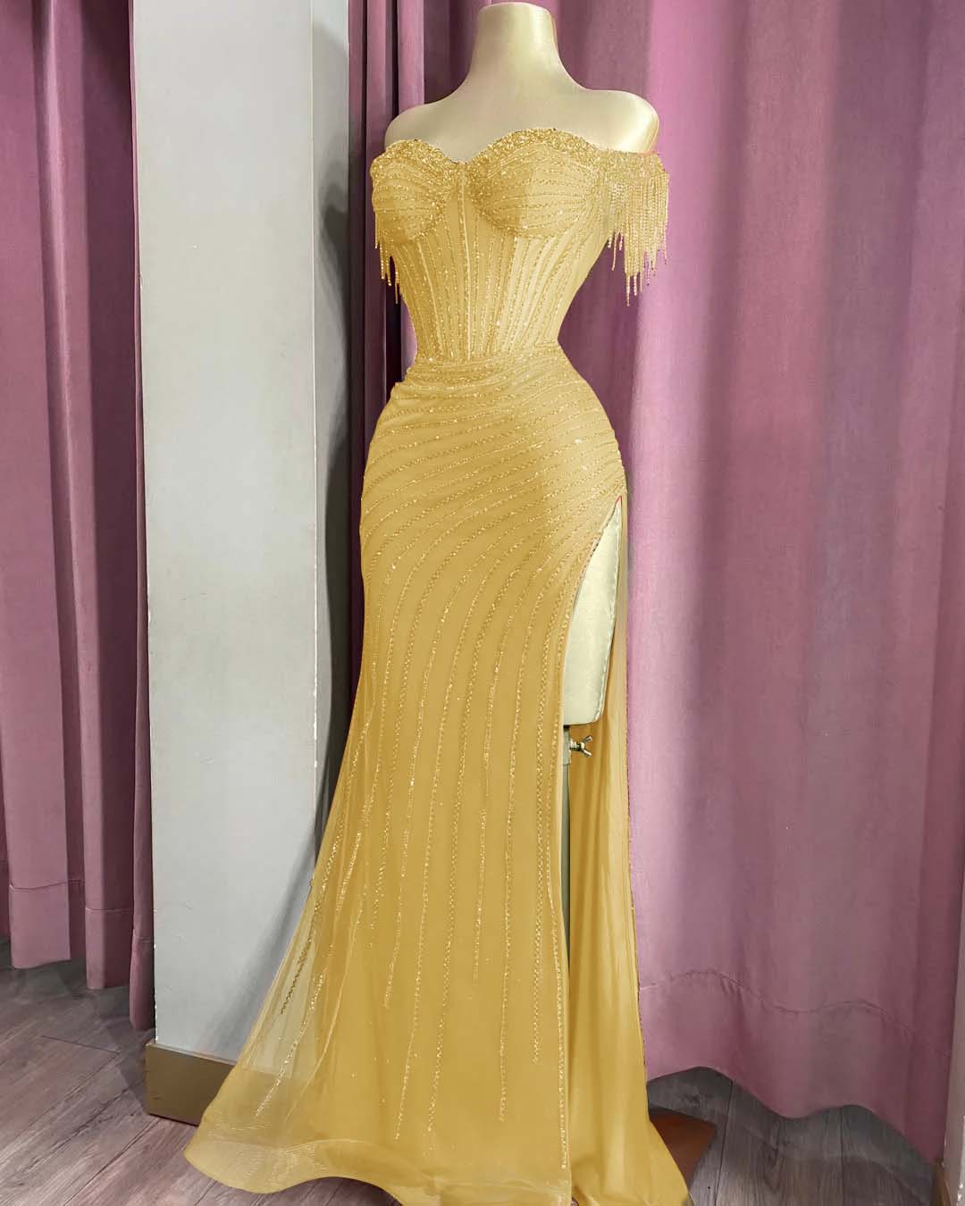 Off the Shoulder Sleeveless Long Split Prom Dress With Beading