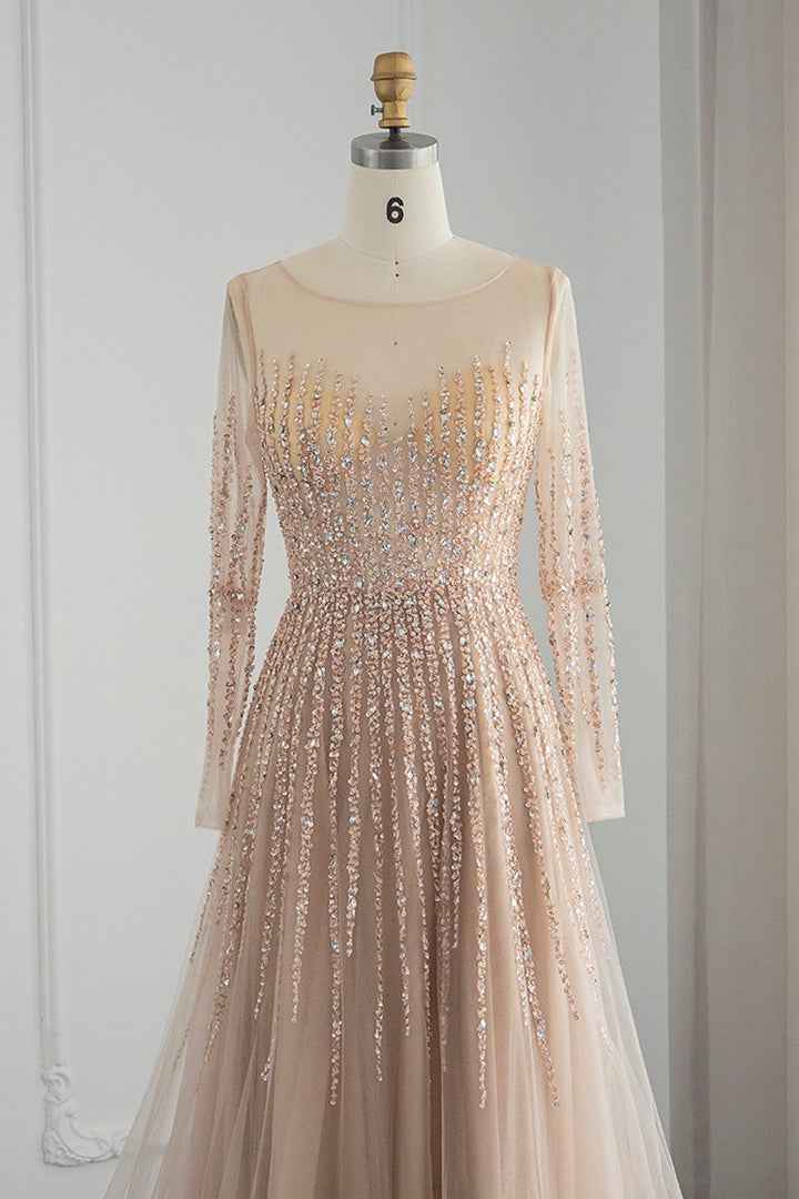 Champagne Jewel Neck A Line Prom Dress Long Sleeves Tulle With Appliques
