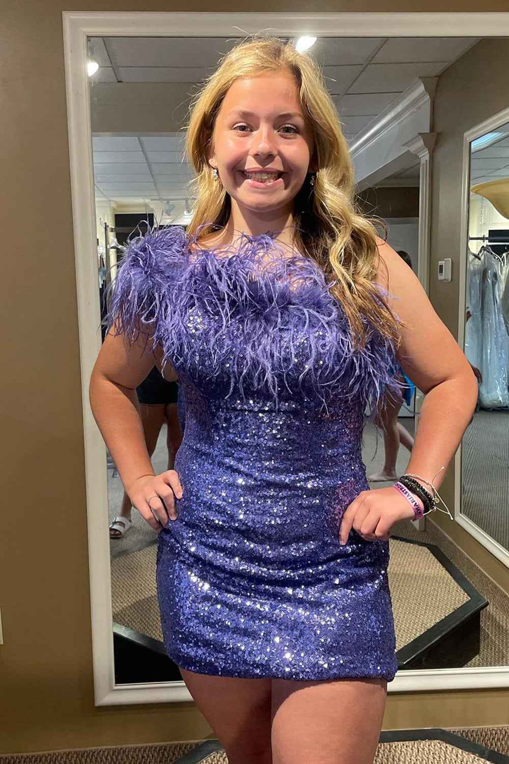 Blue Tight Sequins Homecoming Dress with Feathers Bmbride