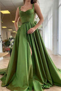 Green Spaghetti Strap Sleeveless A Line Long Buttons Prom Dress With Split