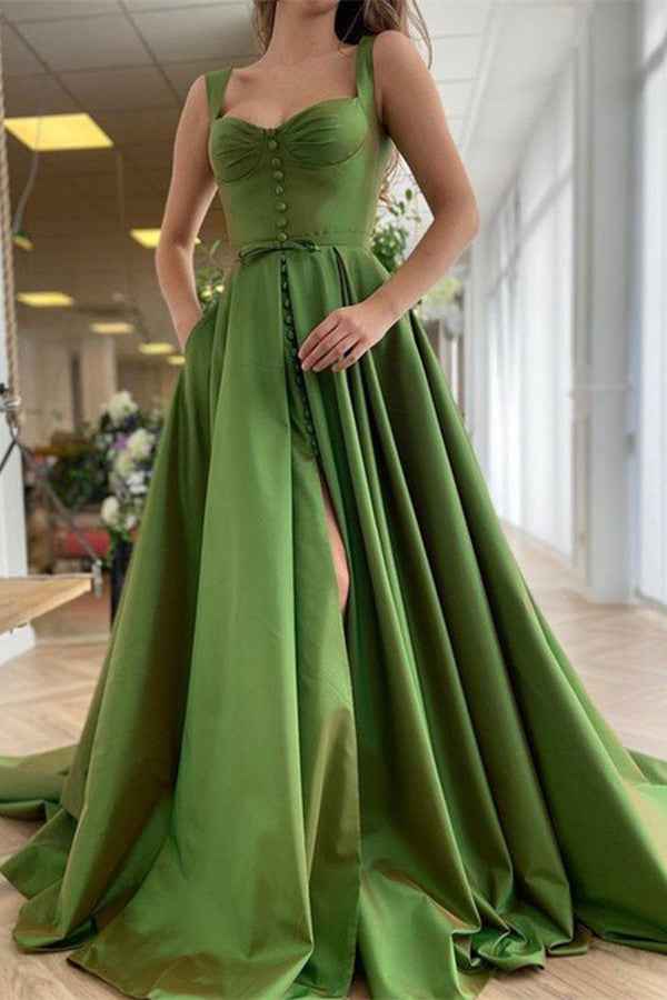 Green Spaghetti Strap Sleeveless A Line Long Buttons Prom Dress With Split