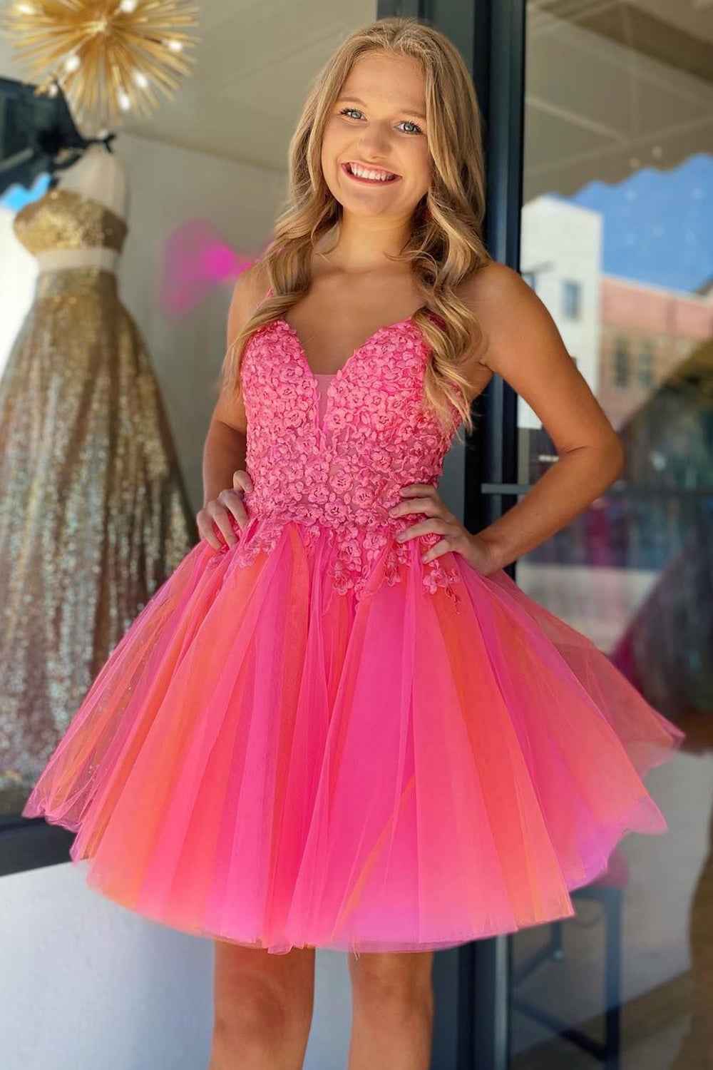 Hot Pink A-Line Tulle Short Homecoming Dress with Lace Bmbride