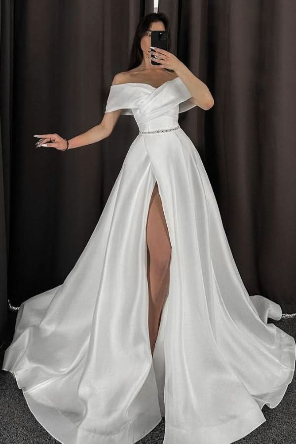 Sexy Off-the-Shoulder White A-Line Wedding Dress Satin With High Slit BM bride