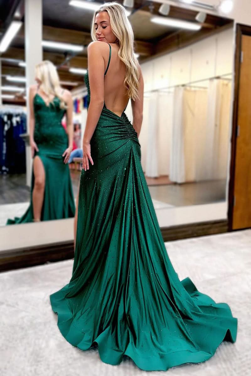 Elegant Royal Blue Beaded V Neck Mermaid Long Prom Dress with Slit BM bride