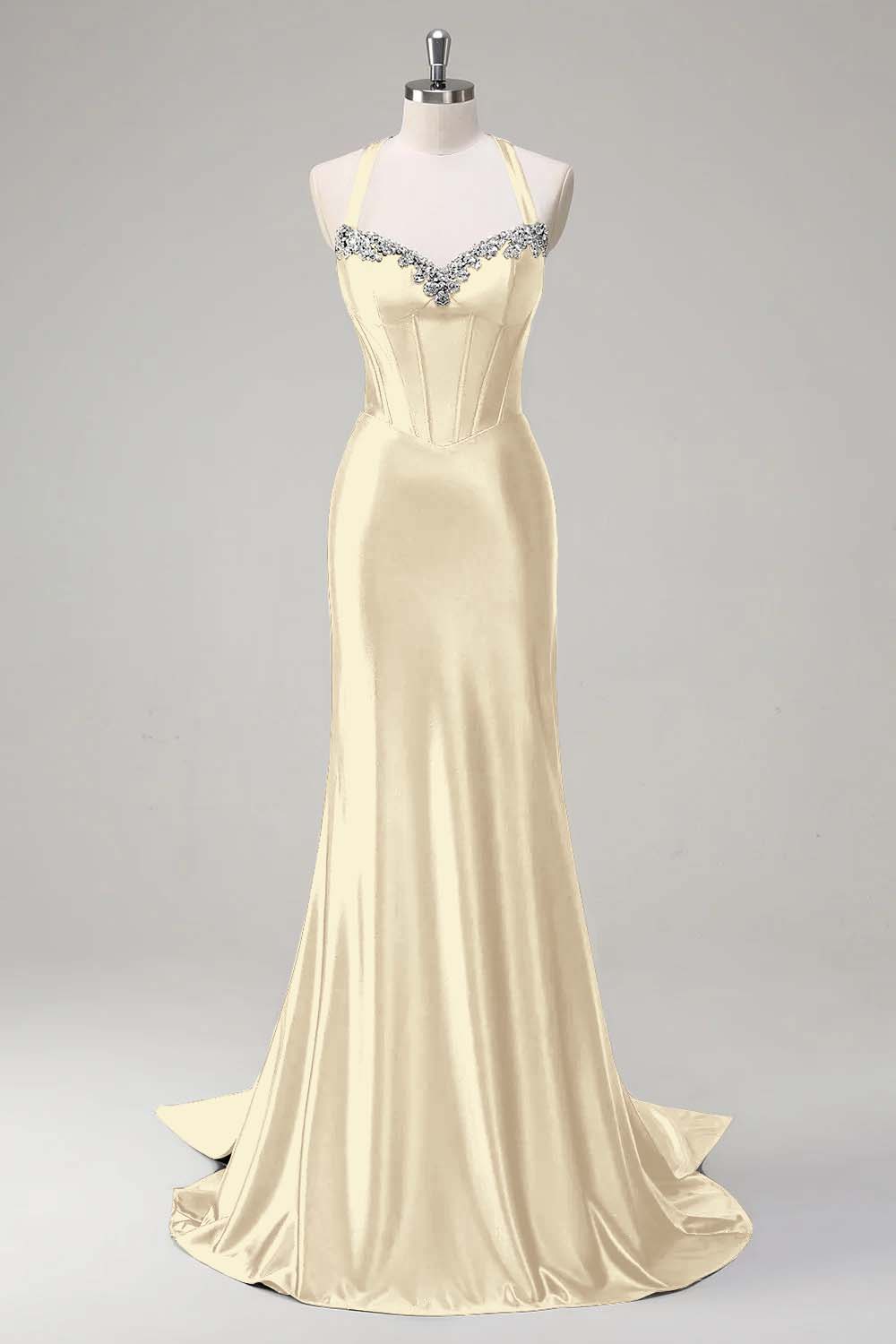 Halter Sleeveless Long Mermaid Prom Dress With Beading Pleated