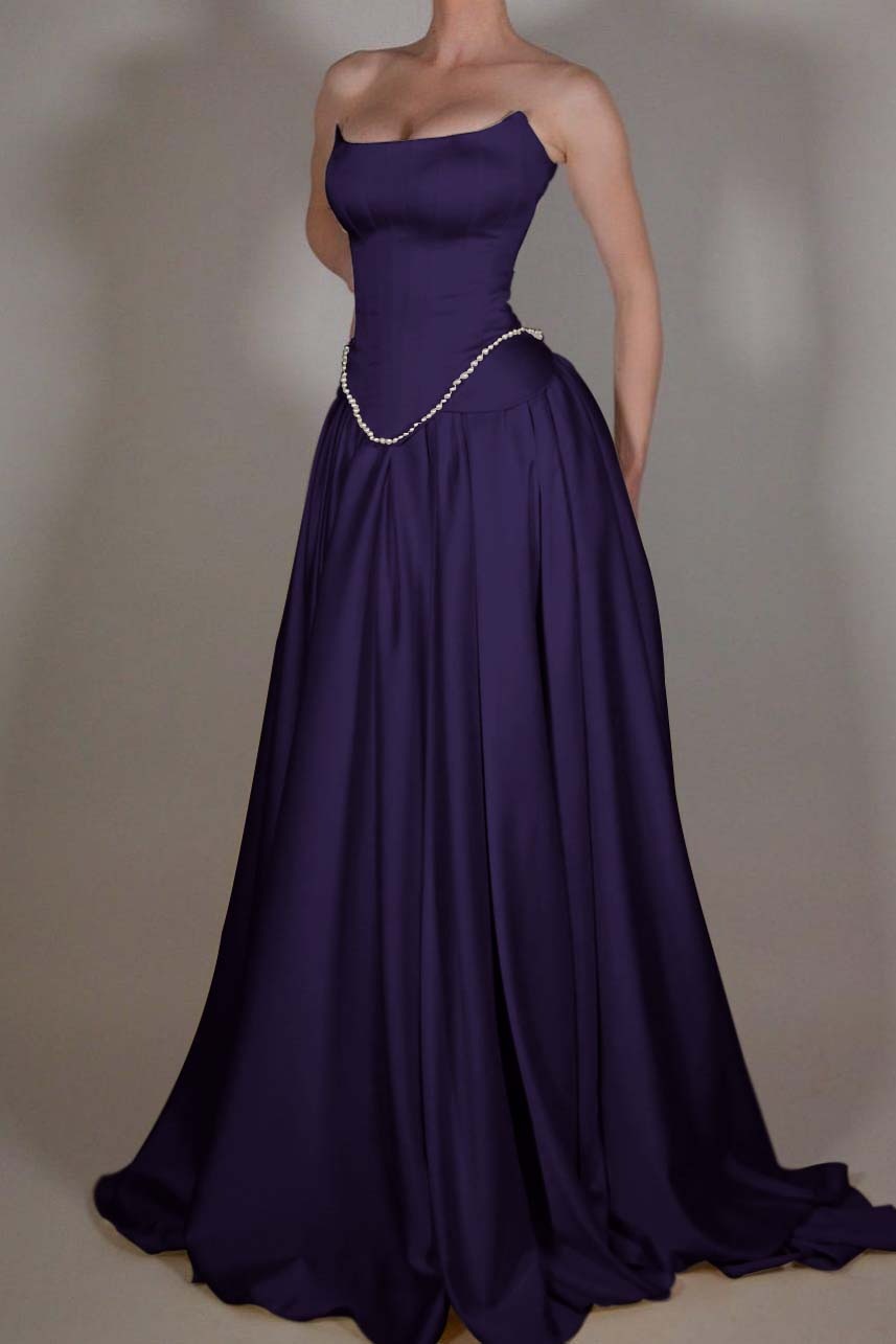Strapless Sleeveless Long A Line Prom Dress With Pleated Beading BMBRIDE