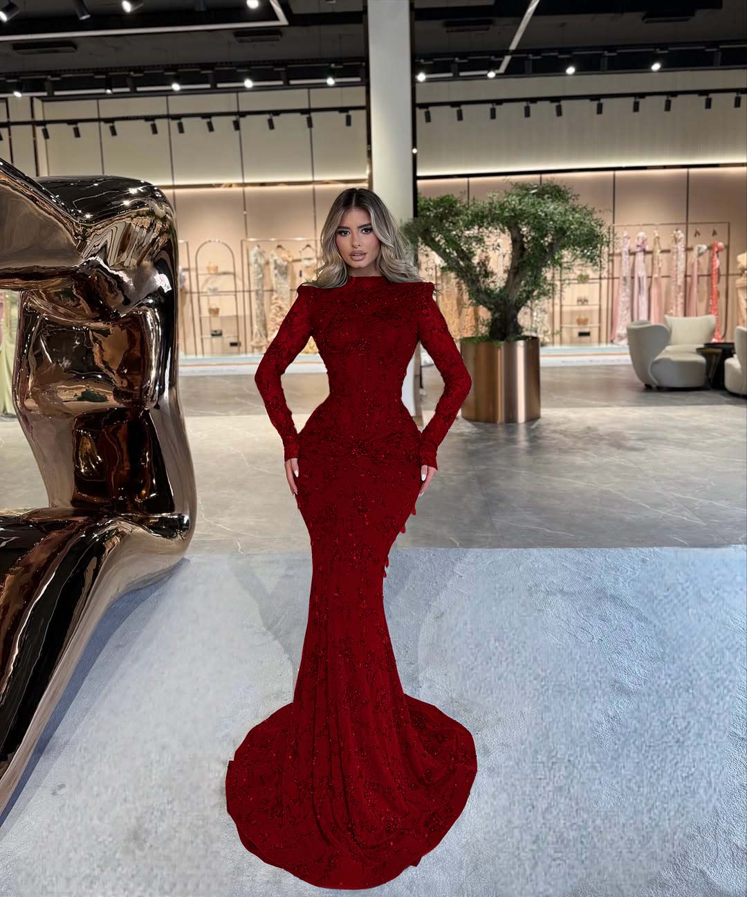 High Neck Long Sleeves Long Mermaid Prom Dress With Beading Pleated BMBRIDE