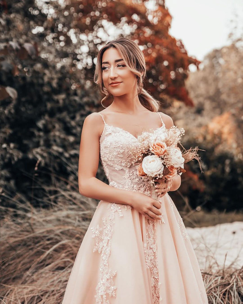 A-Line Spaghetti-Straps Long Wedding Dress With Tulle Lace BM bride