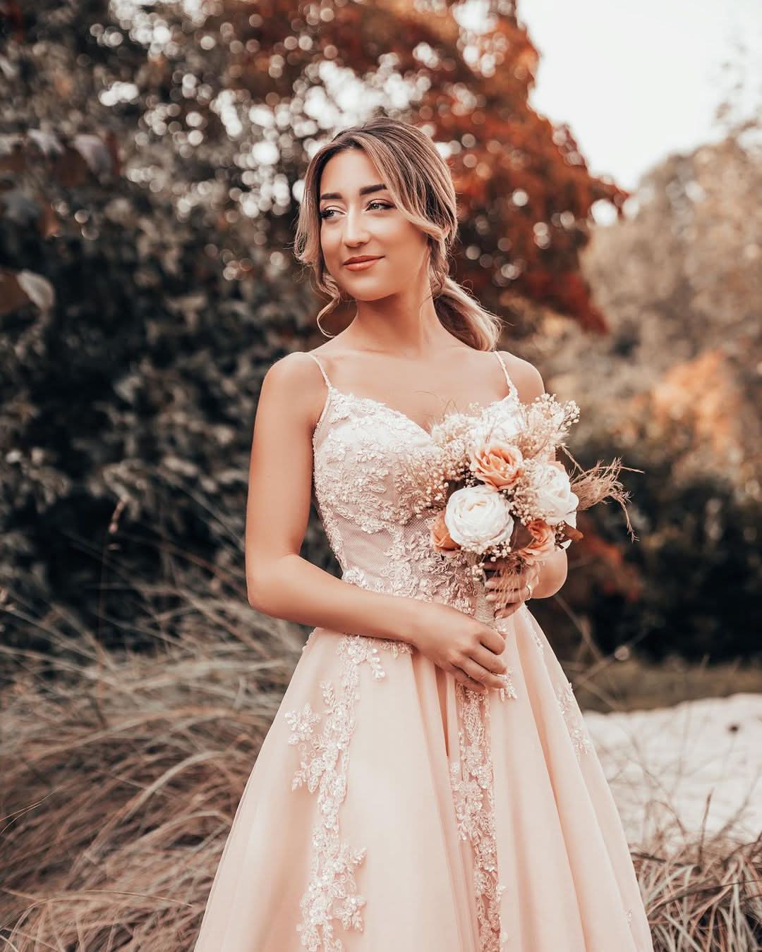 A-Line Spaghetti-Straps Long Wedding Dress With Tulle Lace BM bride