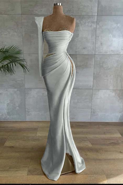One Shoulder Long Sleeve Long High Split Prom Dress With Beading BMBRIDE