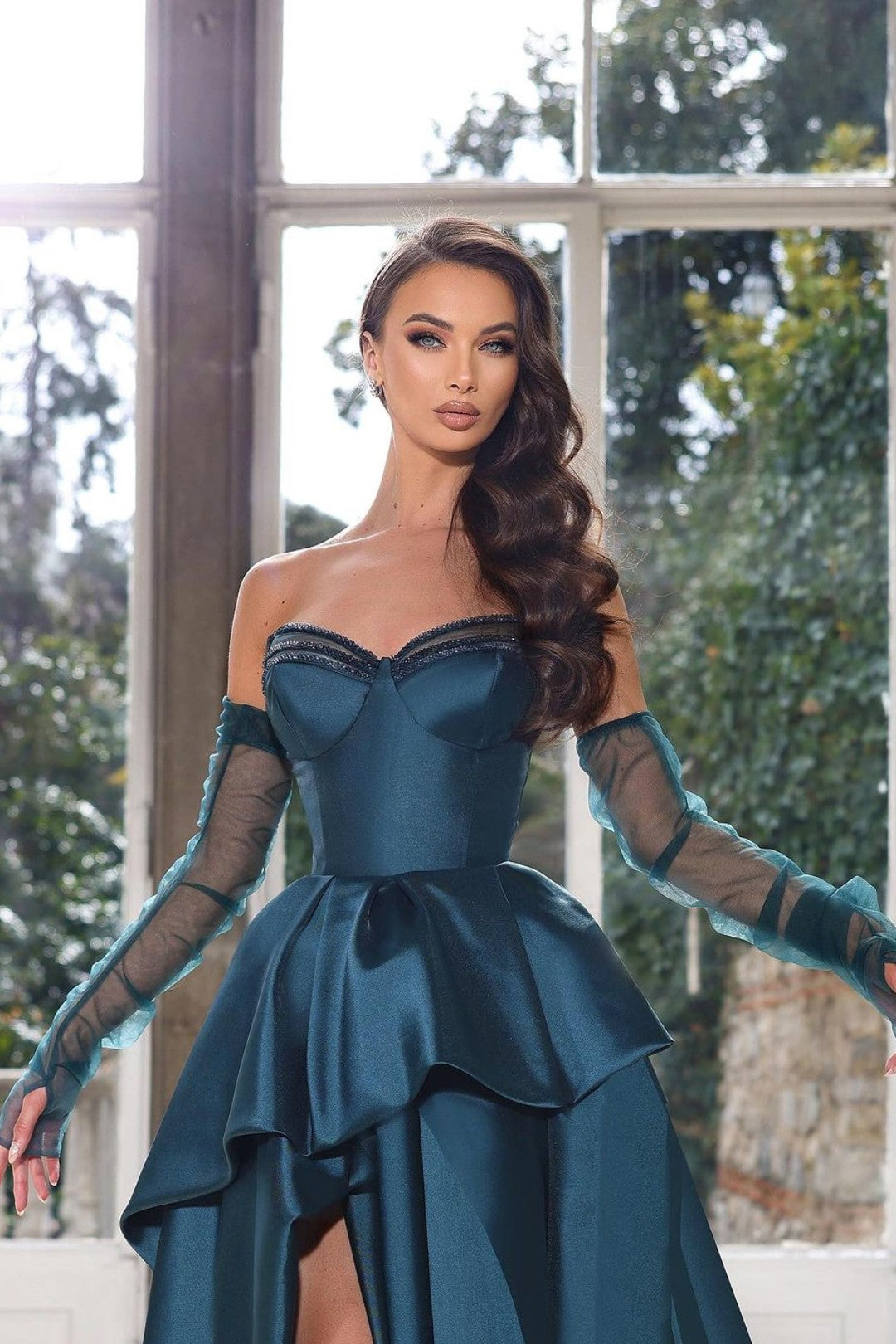 Glamorous Half Sleeves Ink Blue Prom Dress Strapless With High Split Gown BMBRIDE