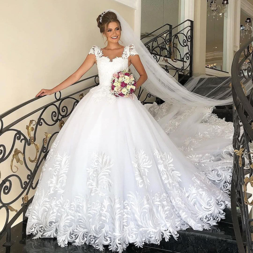 Elegant Long Cap Sleeve Princess Wedding Dress with Tulle Lace BM bride