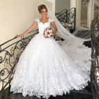 Elegant Long Cap Sleeve Princess Wedding Dress with Tulle Lace BM bride