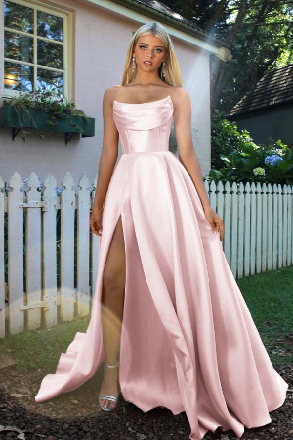 Strapless Sleeveless A Line Long Prom Dress With Split Pleated BMBRIDE