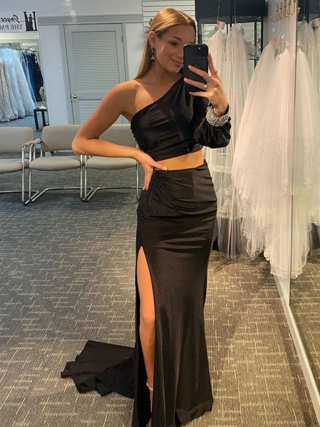 Gorgeous Satin Mermaid One Shoulder Two-Piece Set Black Long Prom Dress BM bride