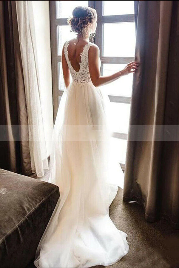 Strappy V-Neck A-Line Sleeveless Backless Wedding Dress with Lace Appliques BM bride