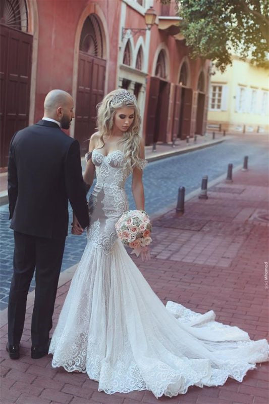 Off-the-Shoulder Sweetheart Mermaid Lace Wedding Dress with Lace-Up Back BM bride
