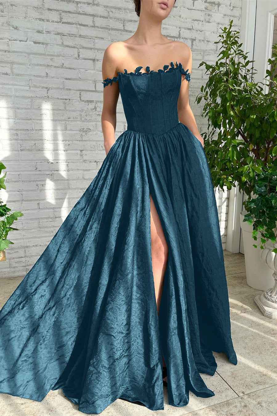 Charming Black Off the Shoulder Strapless Split Princess Long Prom Dress