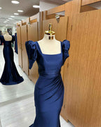 Royal Blue Long Mermaid Prom Dress Bubble Sleeves Square With Slit