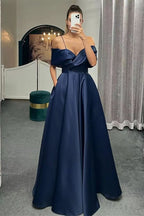 Spaghetti-Straps Off-the-Shoulder A-Line Lace-Up Back Long Evening Dress BM bride